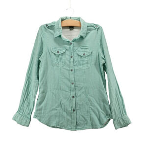 Woolrich Women's Button-Up Shirt Green Medium Long Sleeve Chest Flap Pockets
